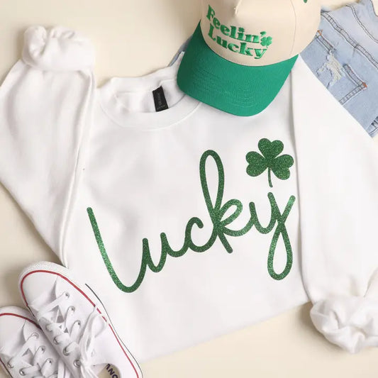 White Lucky Script Glitter Fleece Sweatshirt