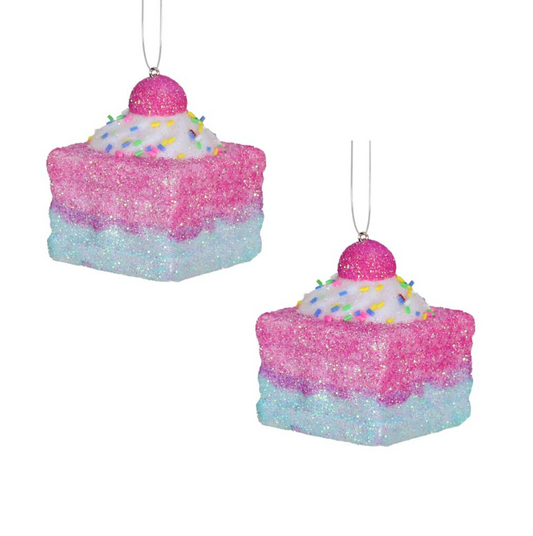 Glittered/Sprinkle Sugared Cake Ornament-Pink/Purple/Blue (Box of 2)