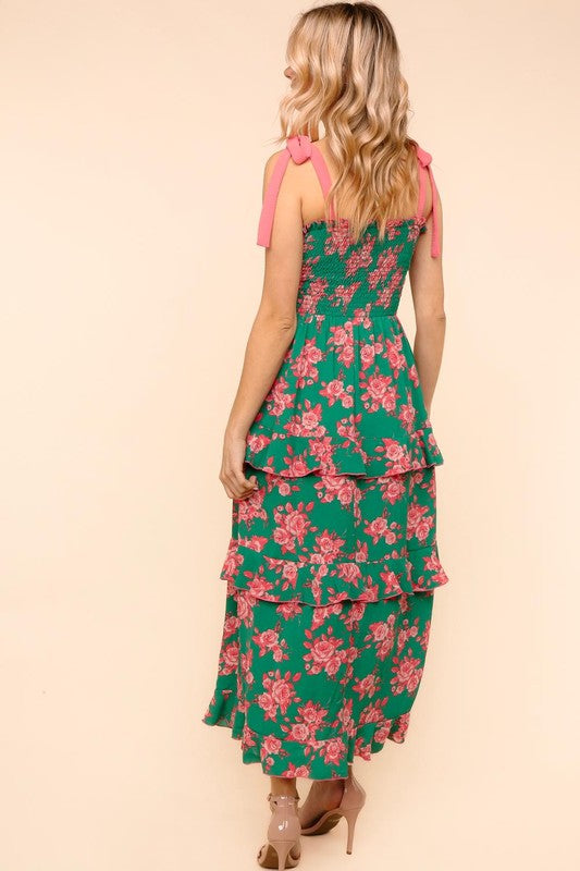 Green With Pink Floral Shoulder Strap Bow Tie Maxi Woven Dress
