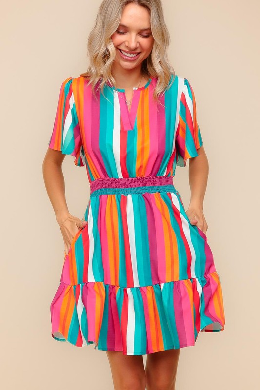 Smocked Waist Multi Color Stripe Woven Dress