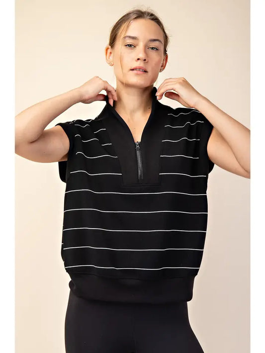 Black & Cream Stripe Modal Scuba Quarter Zip Sleeveless Top