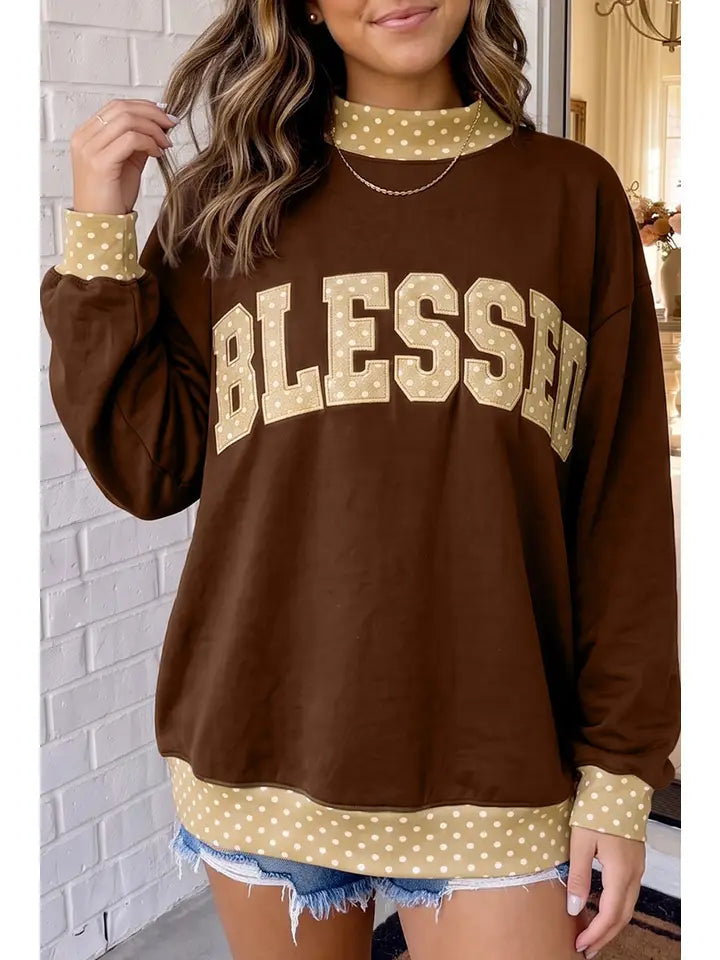 Brown Blessed Polka Dot Mock Neck Sweatshirt