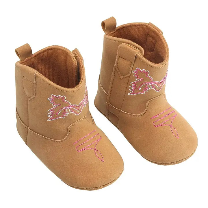 Stephan Baby Cowboy Boots - Tan + Pink Stitching