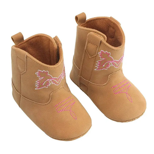 Stephan Baby Cowboy Boots - Tan + Pink Stitching