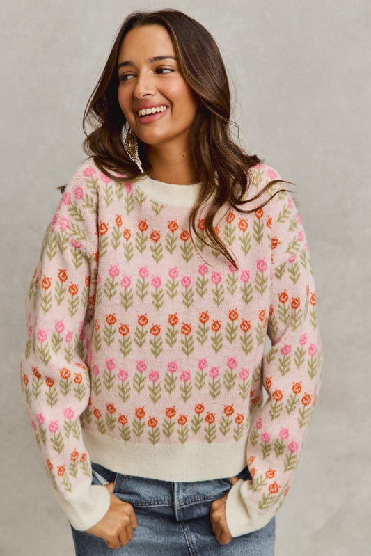 Flower Patterned Loose Fit Pullover Sweater Top