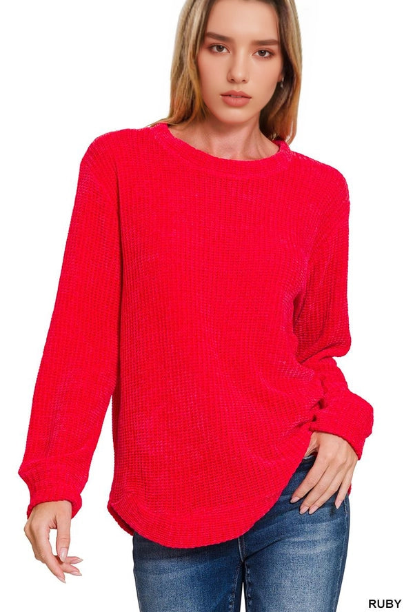 Chenille Waffle Round Neck Sweater Zenana
