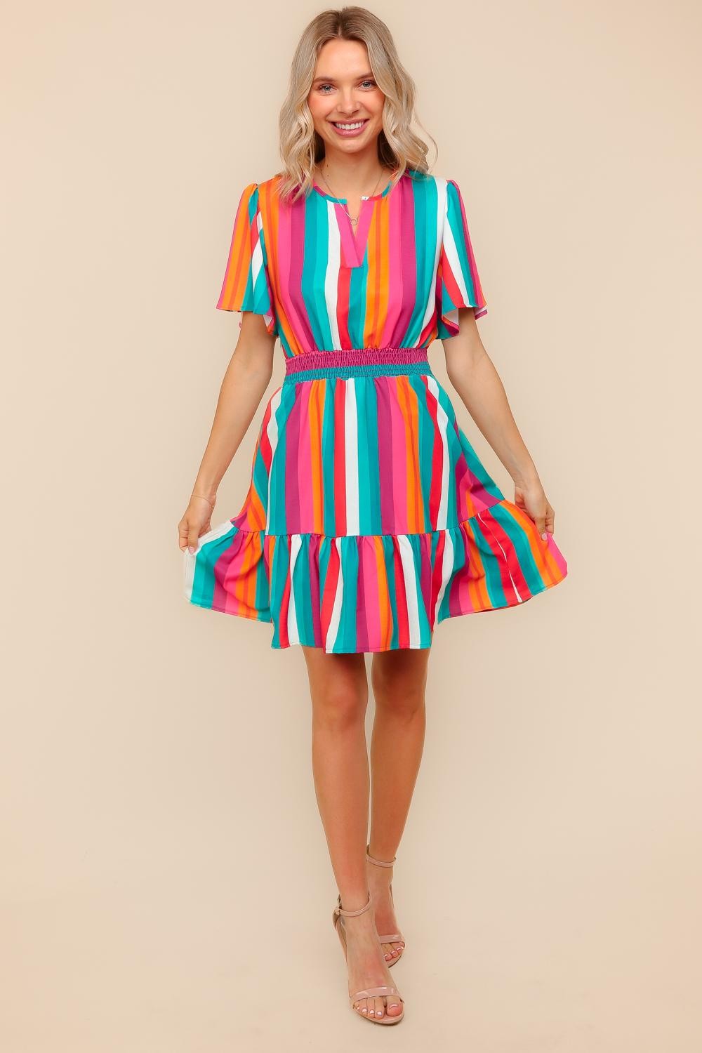 Smocked Waist Multi Color Stripe Woven Dress