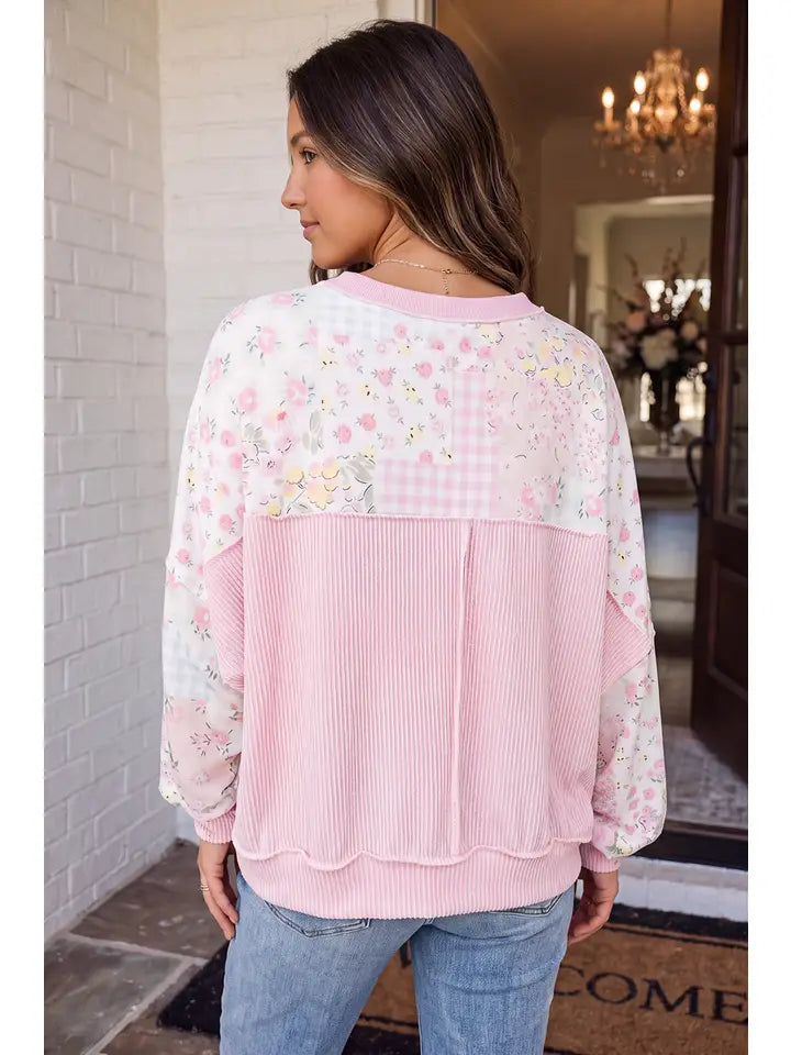 LA Society Pray Floral Plaid Patchwork Crew Neck Knit Top