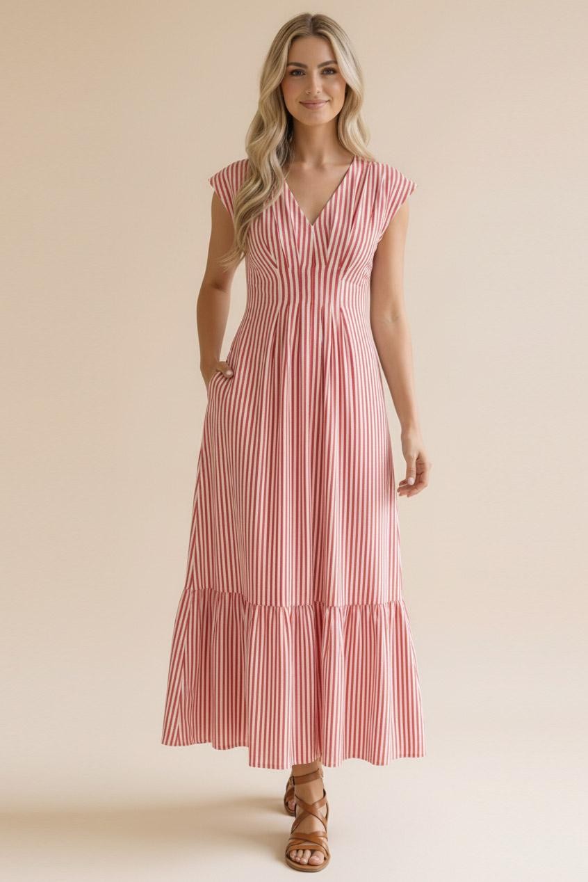 Pleated Back Smocked Waist Stripe Woven Maxi Dress