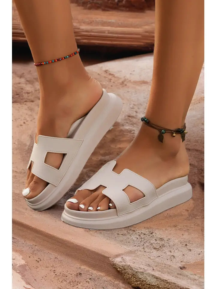 Beige Cutout Design Open Toe Platform Slip On Sandals