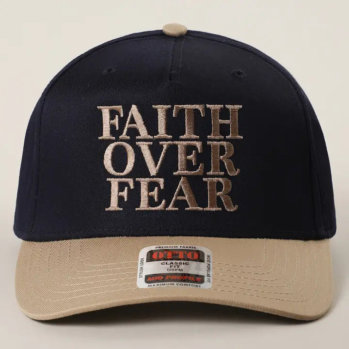 Faith Over Fear Embroidered Trucker Hat- Navy/Khaki