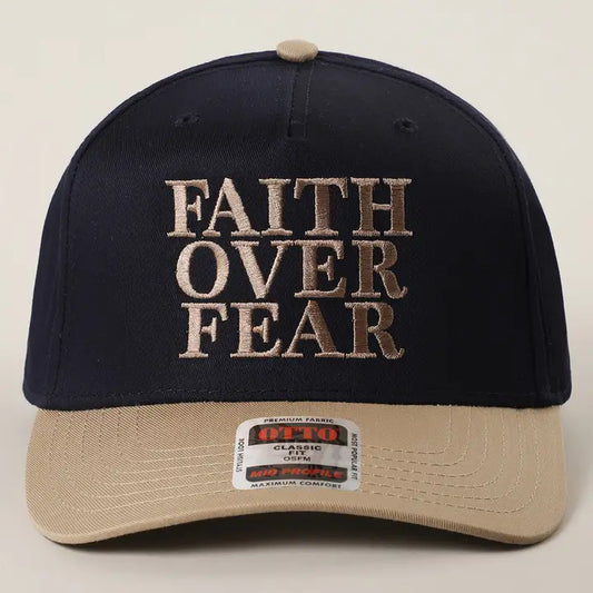 Faith Over Fear Embroidered Trucker Hat- Navy/Khaki