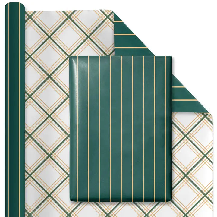Reversible Holiday Wrapping Paper Gold & Green Patterns