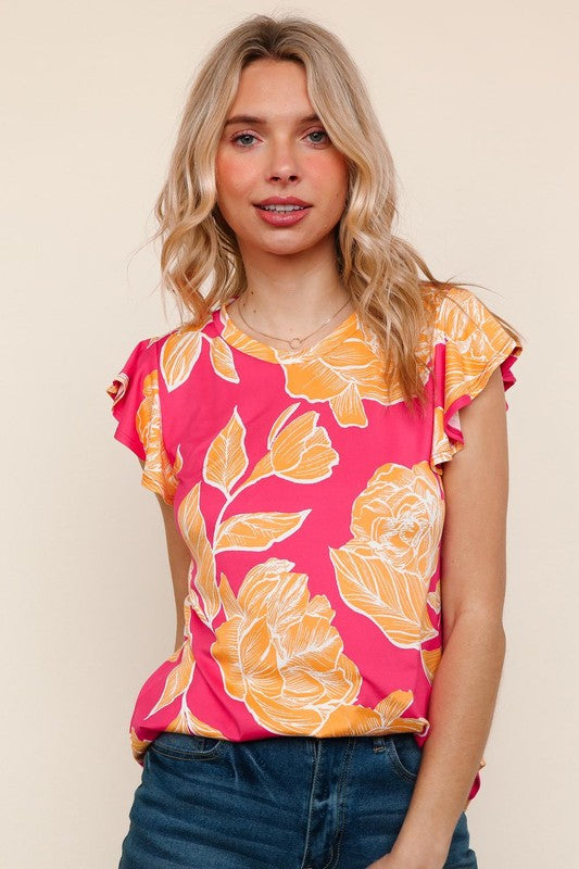 Fuchsia and Yellow Floral Top W/ Round Neck And Ruffle Sleeve