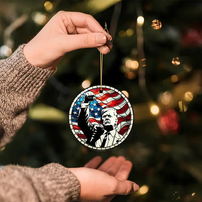 Trump with Raised Fist Stained Glass Christmas Ornament