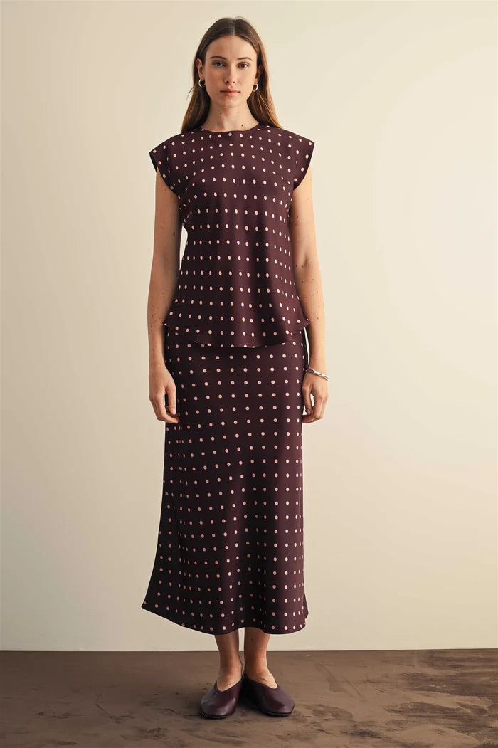 Wine Polka Dot Satin Dolman Blouse & Maxi Skirt