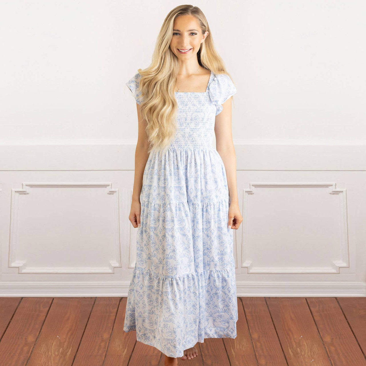 French Rose Smocked Flutter Sleeve Dress