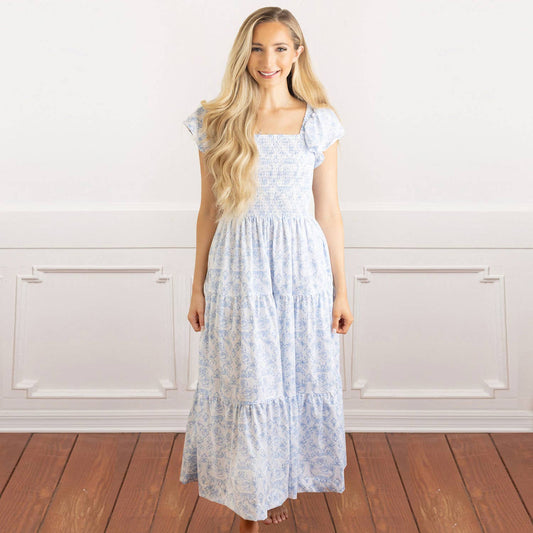 French Rose Smocked Flutter Sleeve Dress