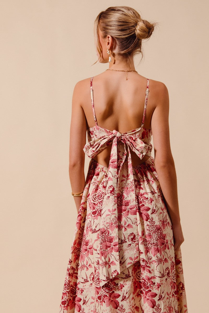 Floral Woven V Neck Fully Lined Dress With Back Bow