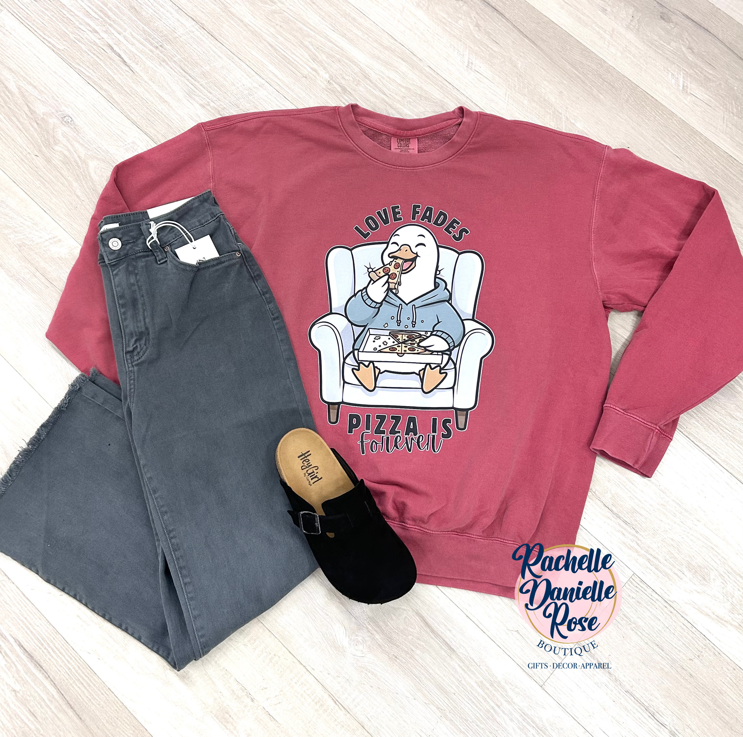 Love Fades Pizza Forever Duck Crewneck Sweatshirt