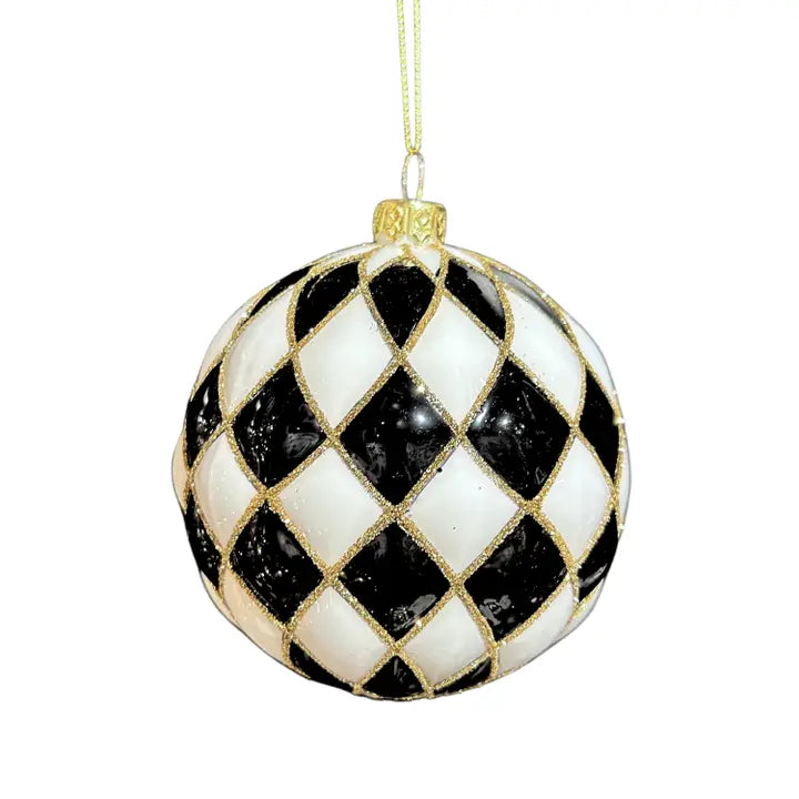 Black Checkered Glass Christmas Ornament 4"