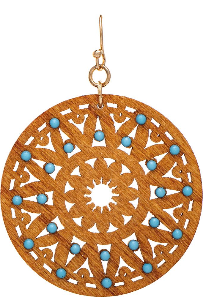 Brown Wood Turquoise Blue Bead Medallion Earring