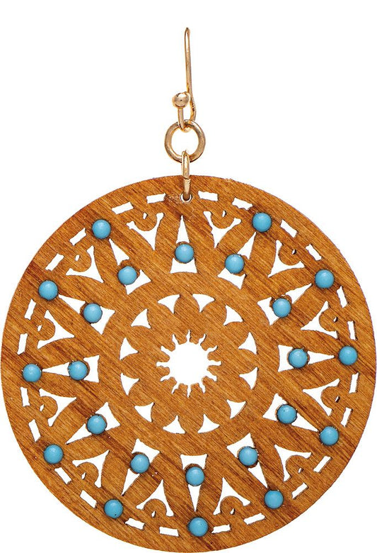 Brown Wood Turquoise Blue Bead Medallion Earring
