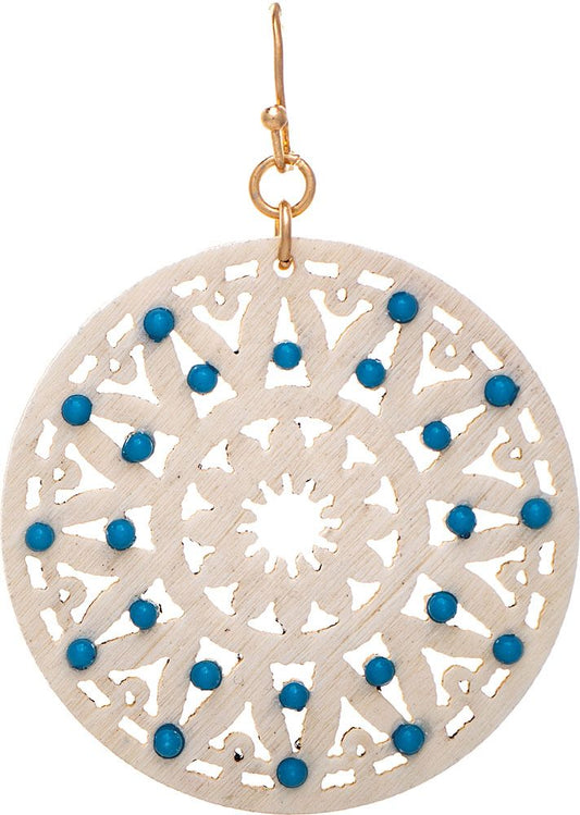 Ivory Wood Turquoise Blue Bead Medallion Earring