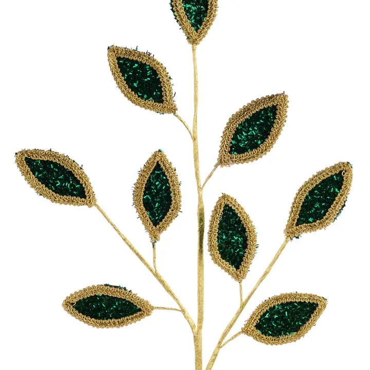 28"L Glitter/Lace Leaf Spray Hunter Green/Gold