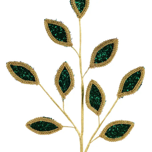 28"L Glitter/Lace Leaf Spray Hunter Green/Gold
