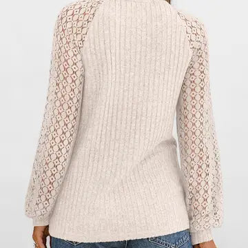 Women's Lace Sleeve Ribbed Knit Crew Neck Sweater Top- Apricot