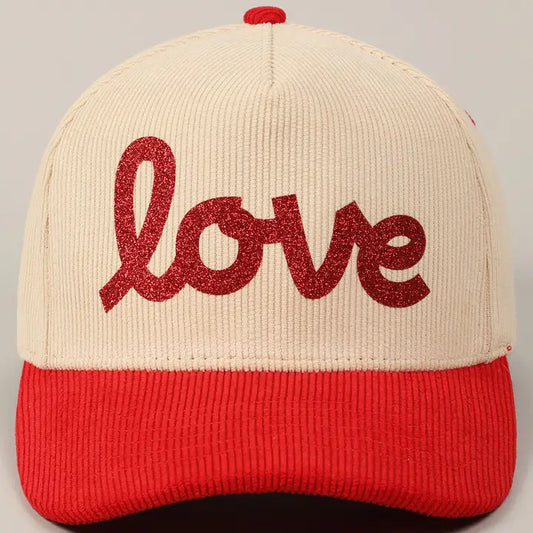 Love Glitter Lettering Red/Cream Corduroy Cap