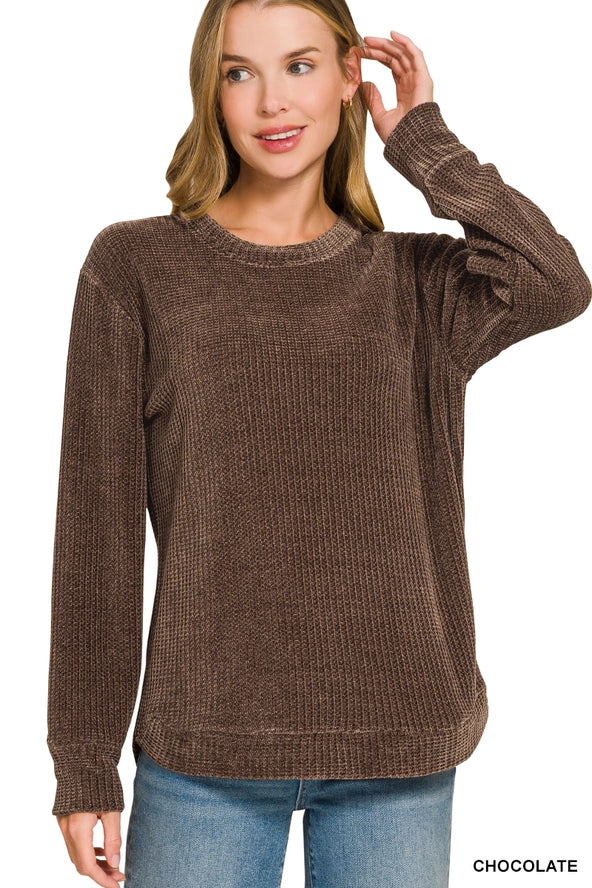 Chenille Waffle Round Neck Sweater Zenana