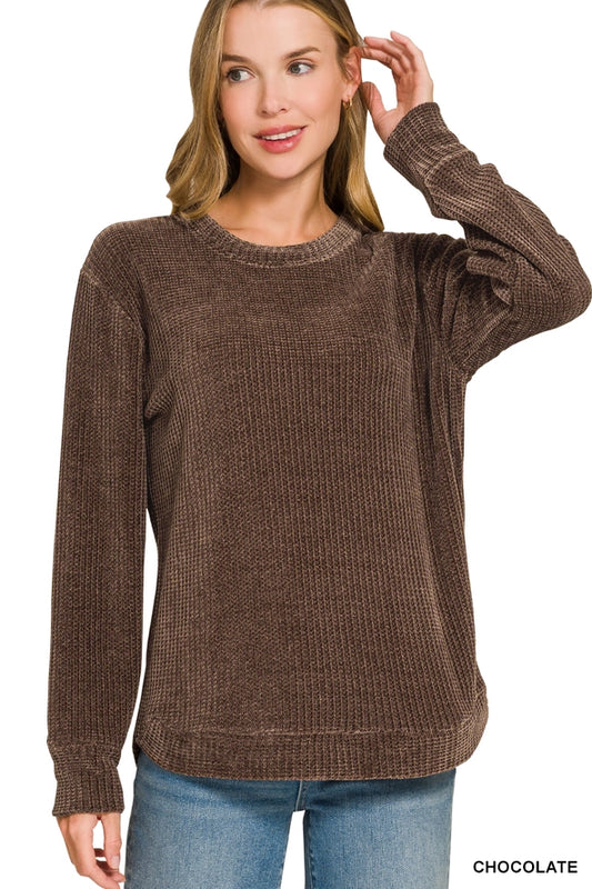 Chenille Waffle Round Neck Sweater Zenana