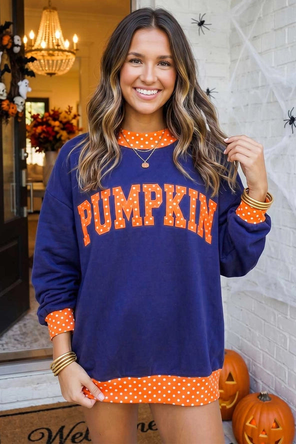 Blue Polka Dot Pumpkin Mock Neck Sweatshirt