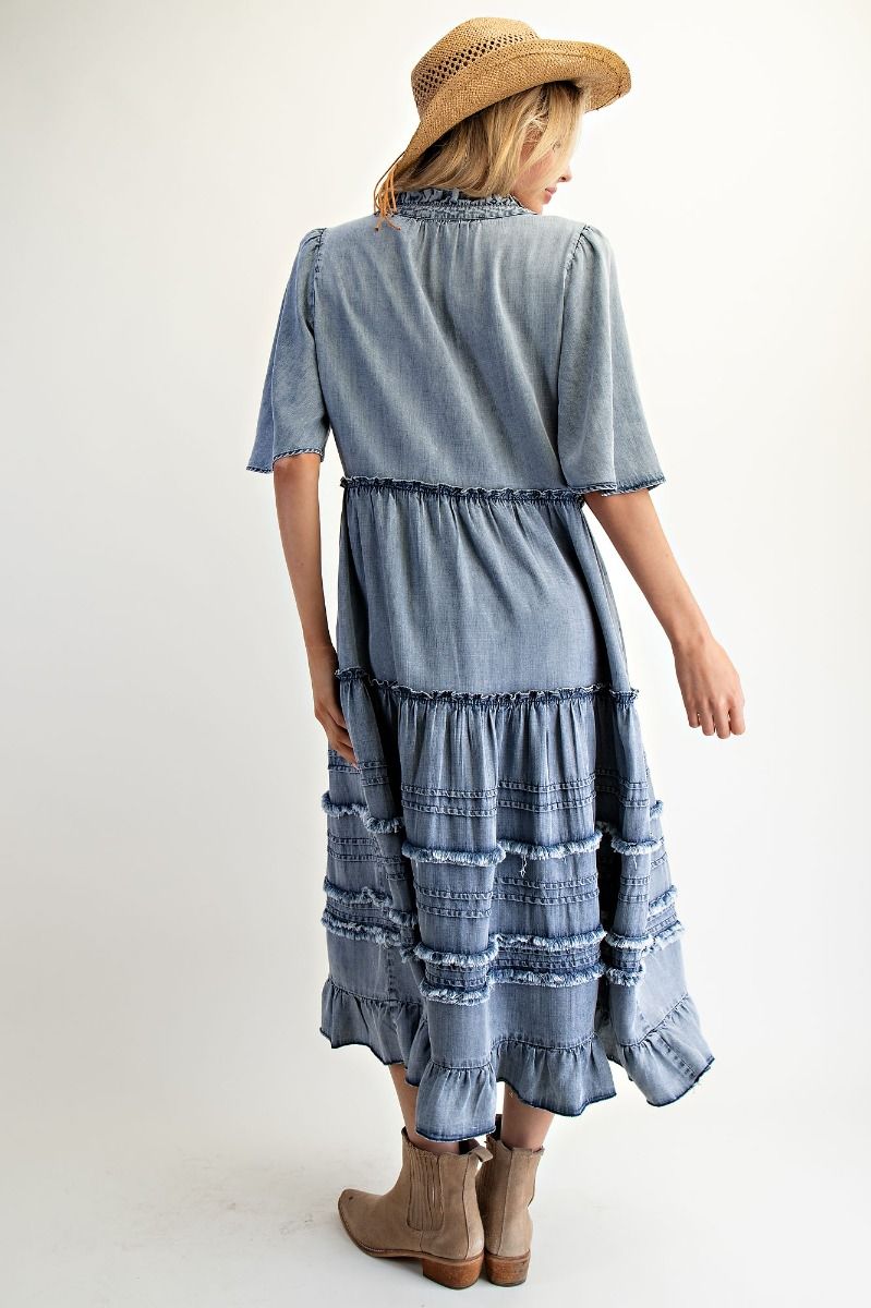 Wing Sleeve Washed Denim Maxi Dress