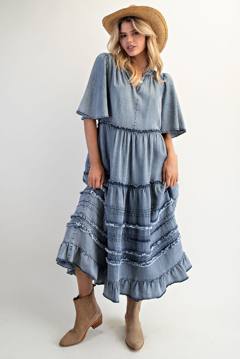 Wing Sleeve Washed Denim Maxi Dress