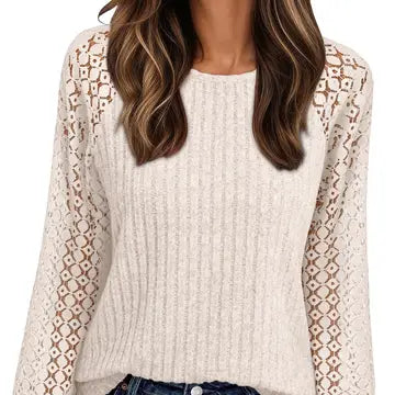 Women's Lace Sleeve Ribbed Knit Crew Neck Sweater Top- Apricot