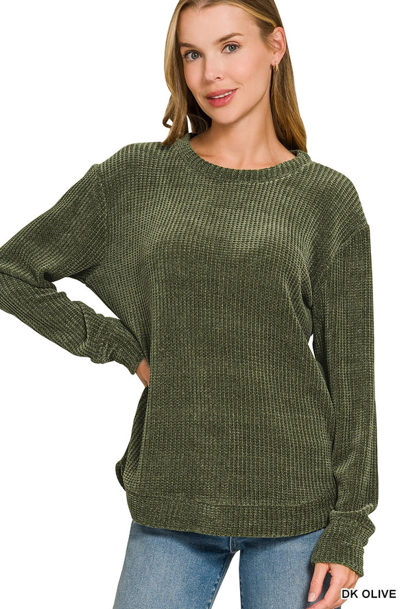 Chenille Waffle Round Neck Sweater Zenana