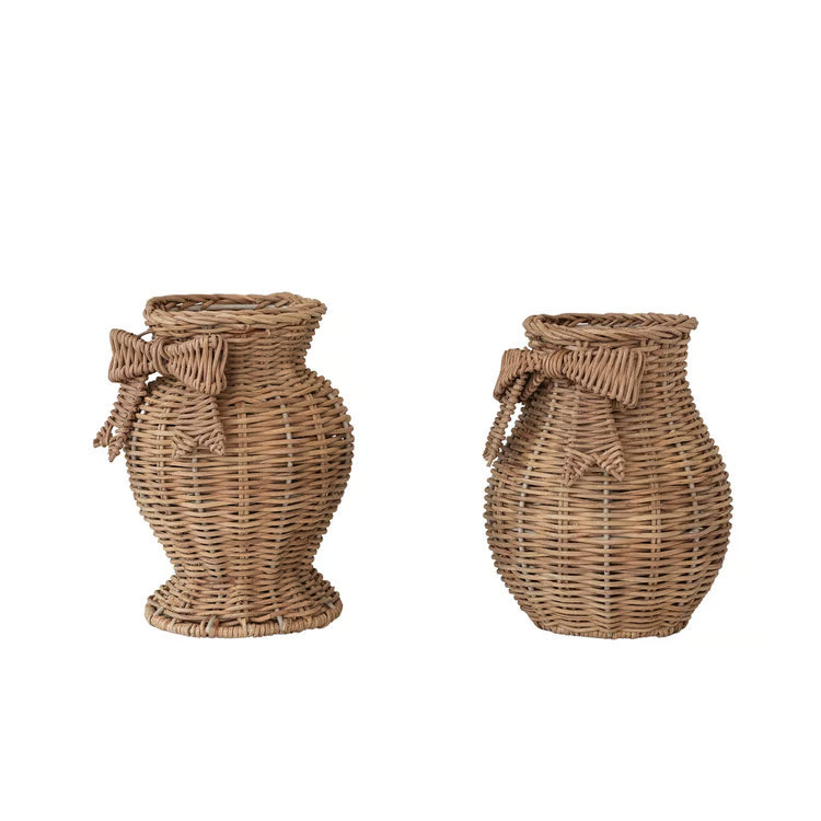 Hazel Mazel Hand-Woven Rattan Vase w Bow & Glass