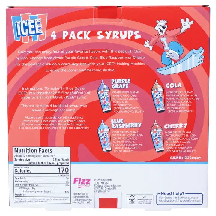 ICEE4 Pack Syrup: Grape/Cola/Cherry/Blue Raspberry