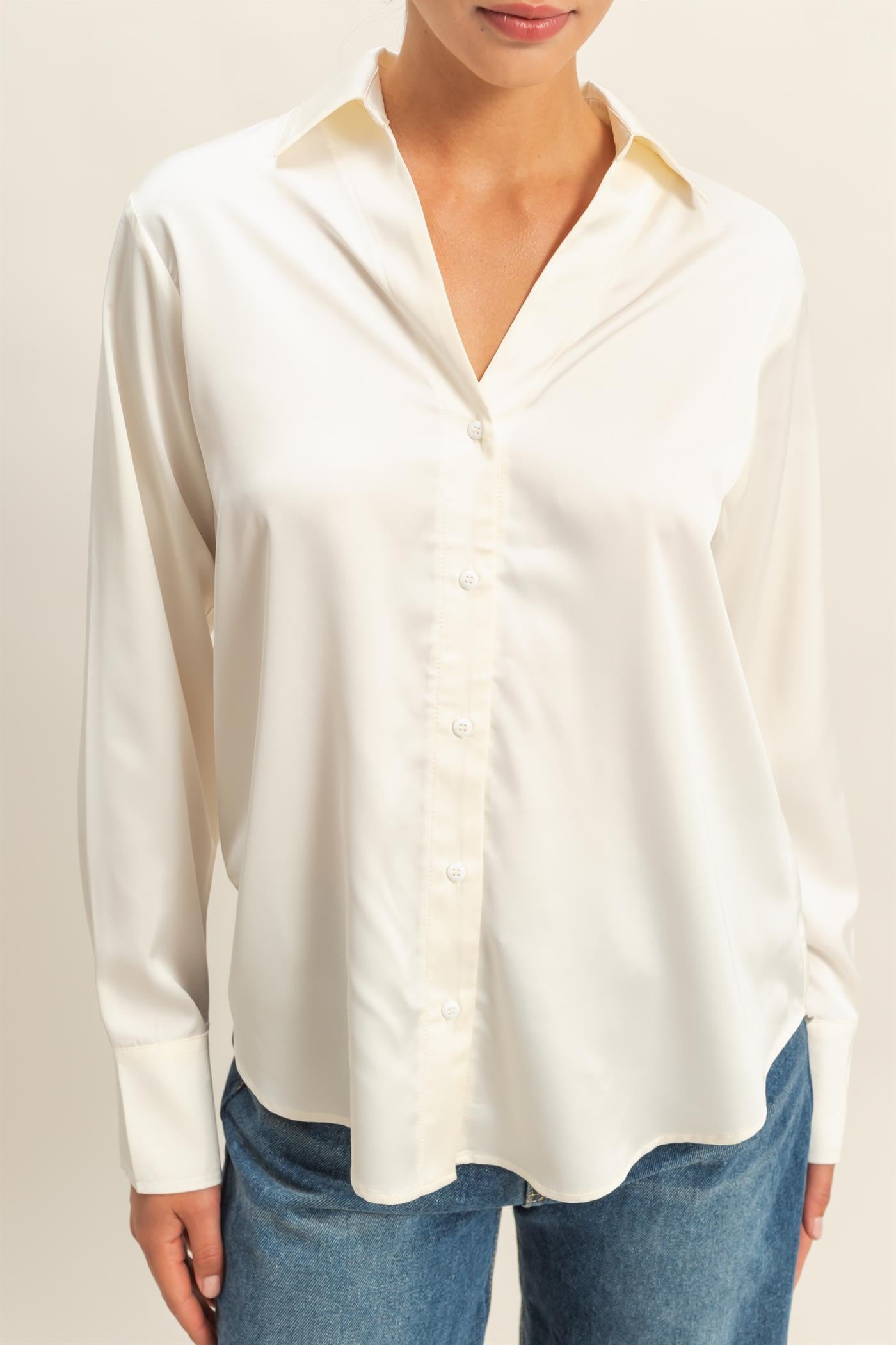 Button-up Satin Shirt With Collared Neckline