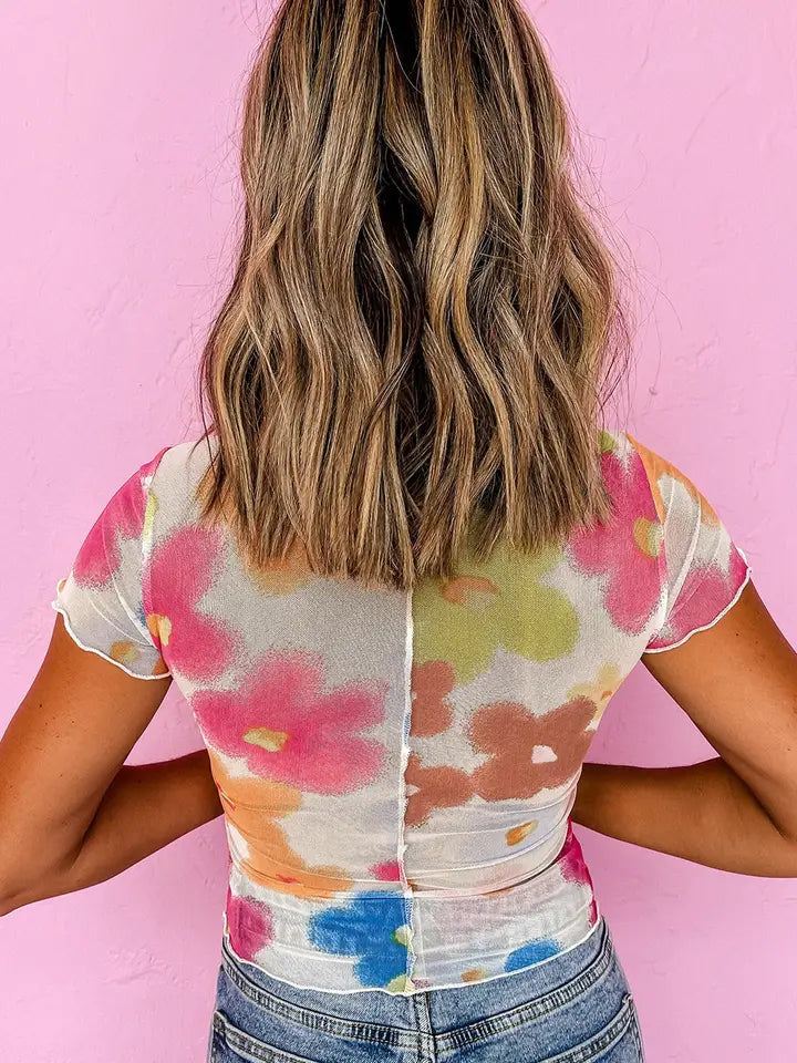 Multicolor Floral Mesh Lettuce Trim Cropped T Shirt