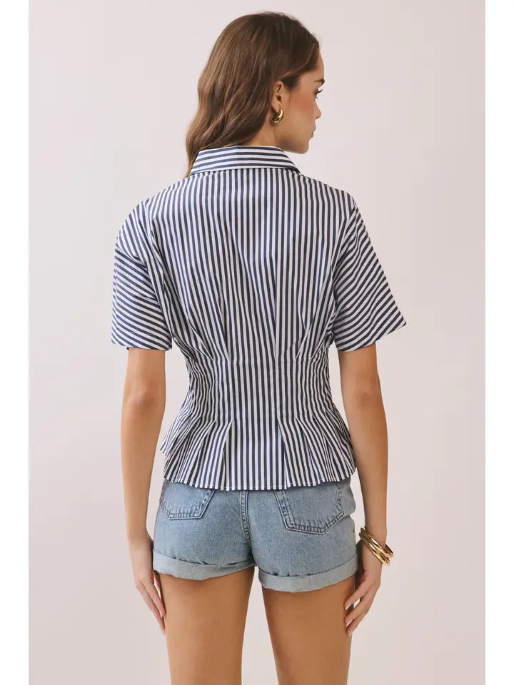 Striped Short Sleeve Peplum Button-Up Shirt