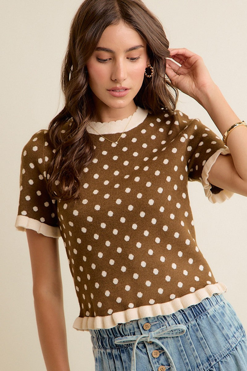 So Me Polka Dot Ruffled Short Sleeve Sweater Knit Top