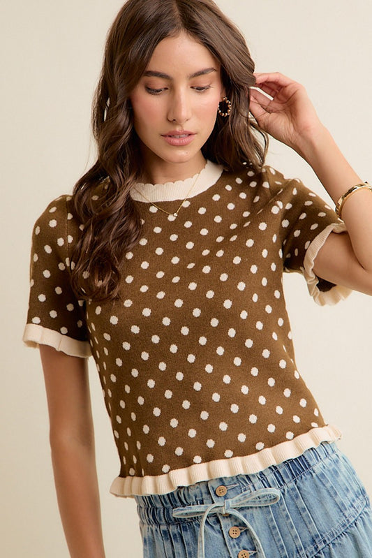 So Me Polka Dot Ruffled Short Sleeve Sweater Knit Top