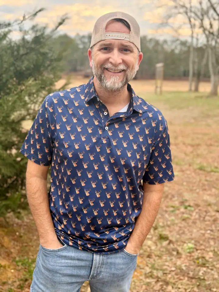 Men's Performance Navy Deer Polo