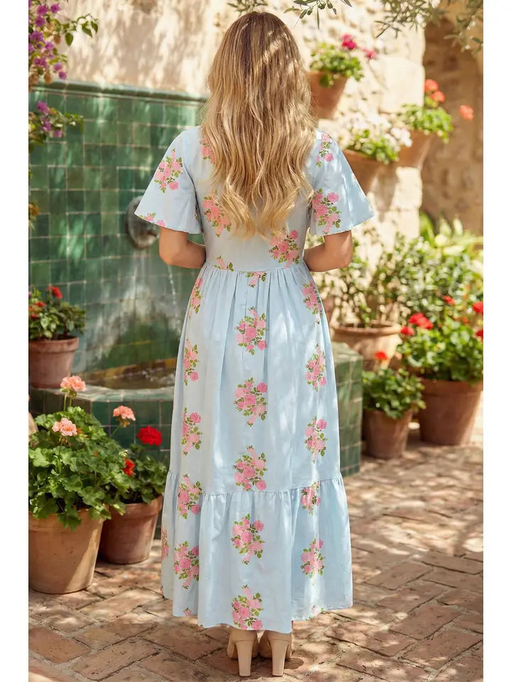 V Neck Flutter Short Sleeve Floral Maxi Dress