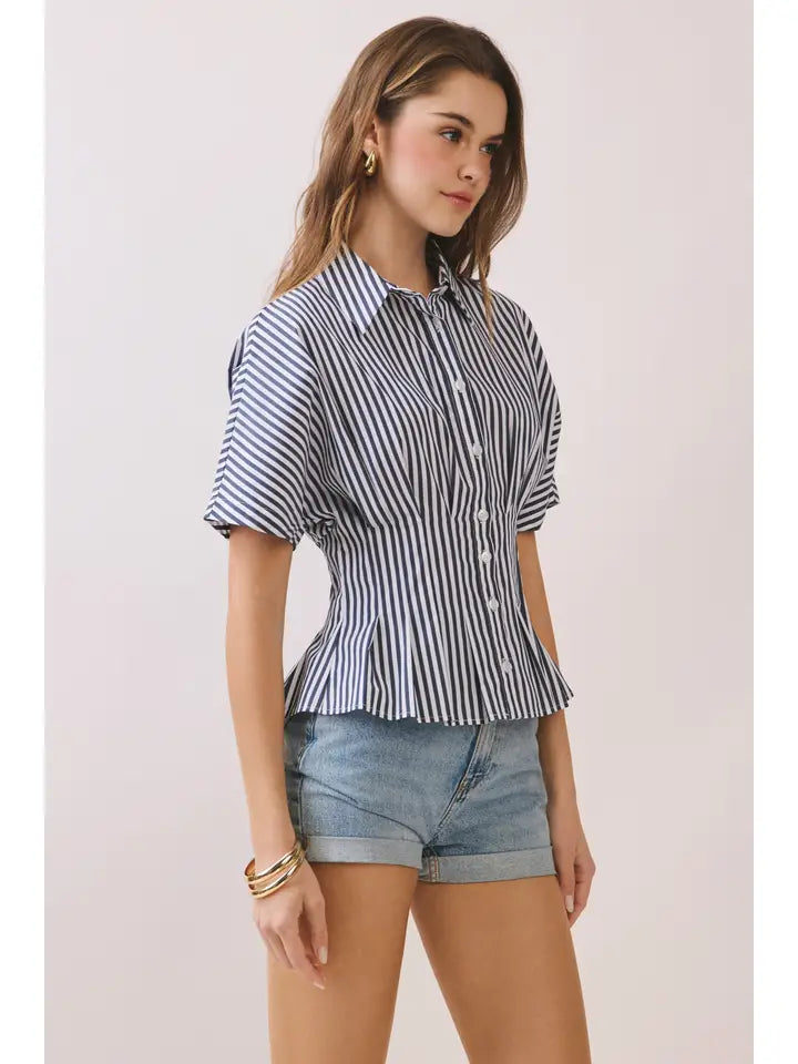 Striped Short Sleeve Peplum Button-Up Shirt