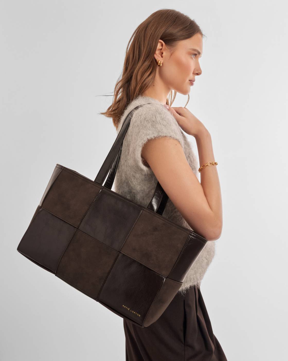 Katie Loxton Taya Hand Woven Suedette Tote Bag- Bitter Chocolate